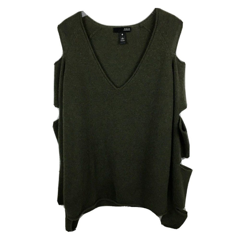 Aqua Cashmere Sweater XS Womens Green Cutout Long Sleeves V Neck Soft